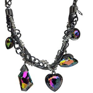 Retro Rainbow Crystal Chunky Necklace Multi Chain Heart Geometric Pendants Women